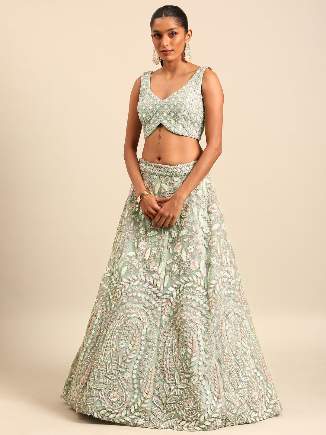 Sea green Net Multi Sequins with heavy Zarkan embroidery Semi-Stitched Lehenga choli & Dupatta