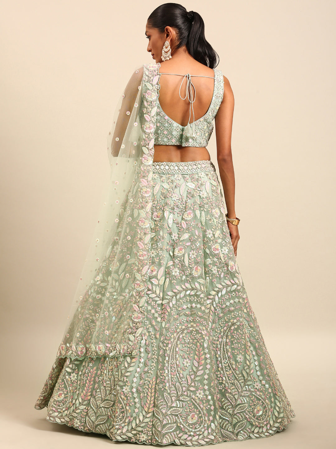 Sea green Net Multi Sequins with heavy Zarkan embroidery Semi-Stitched Lehenga choli & Dupatta