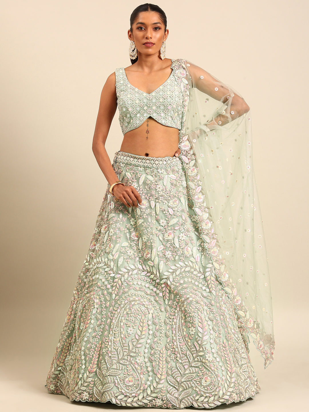 Sea green Net Multi Sequins with heavy Zarkan embroidery Semi-Stitched Lehenga choli & Dupatta