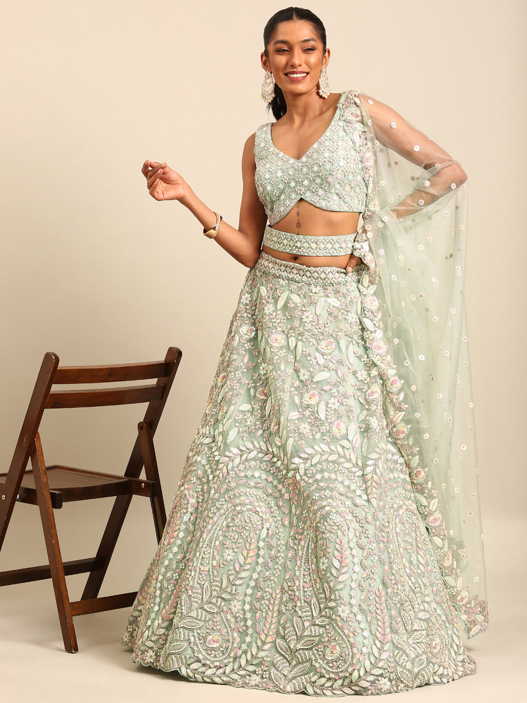 Sea green Net Multi Sequins with heavy Zarkan embroidery Semi-Stitched Lehenga choli & Dupatta