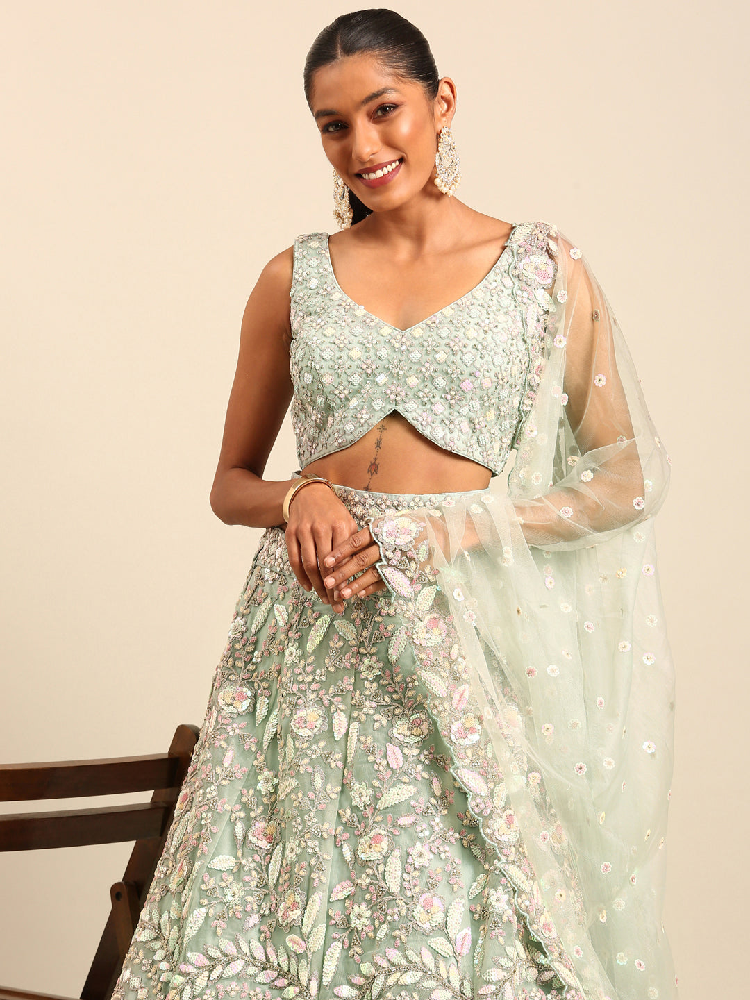 Sea green Net Multi Sequins with heavy Zarkan embroidery Semi-Stitched Lehenga choli & Dupatta
