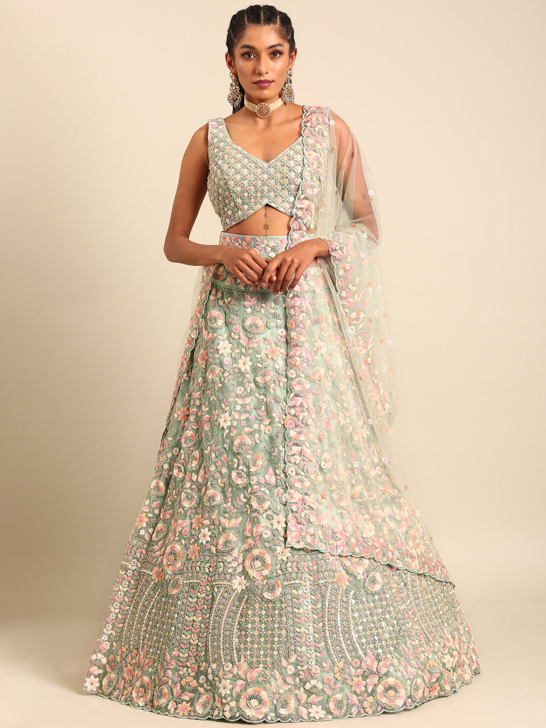 Sea green Net Multi Sequins with heavy Zarkan embroidery Semi-Stitched Lehenga choli & Dupatta