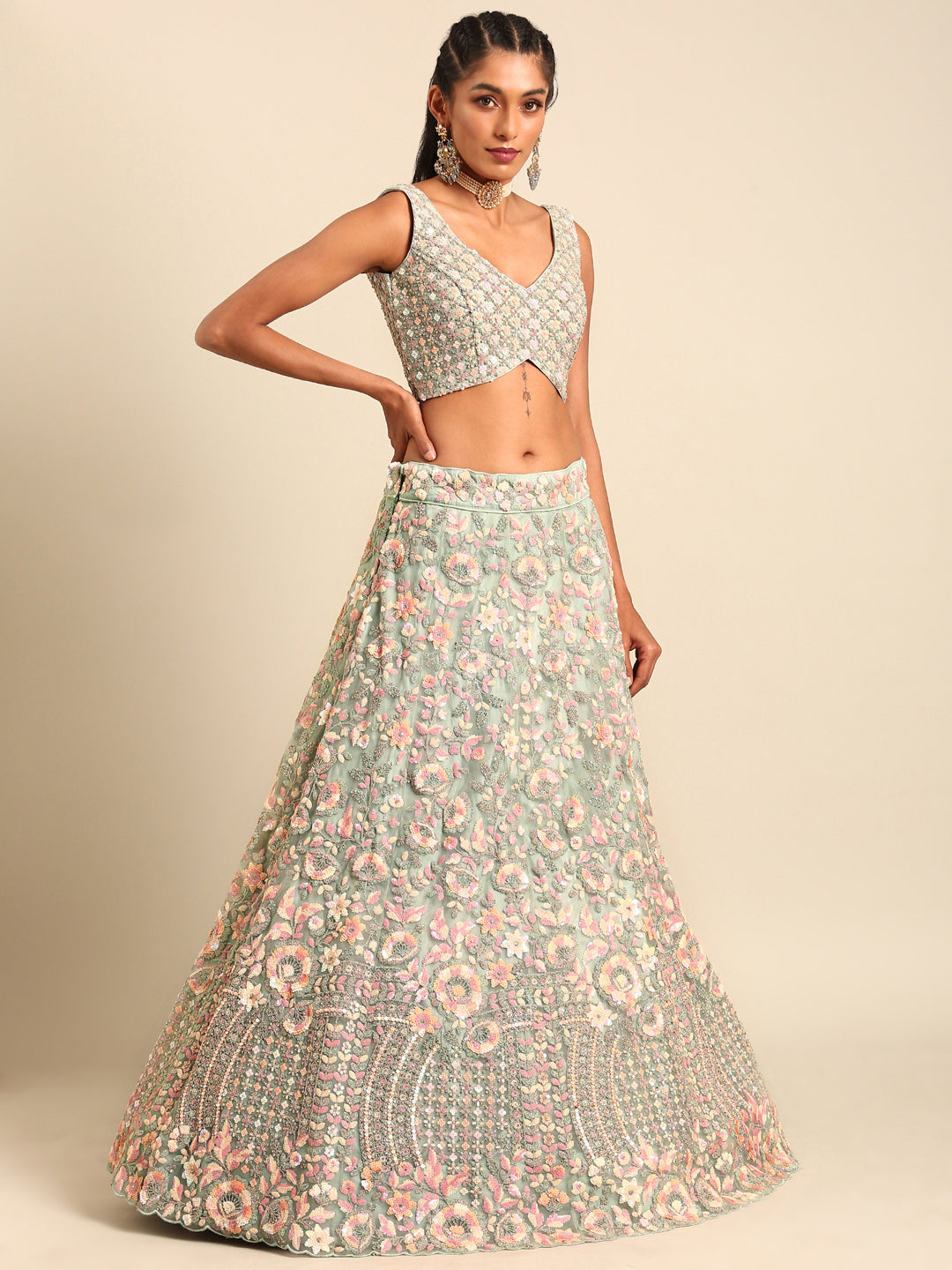 Sea green Net Multi Sequins with heavy Zarkan embroidery Semi-Stitched Lehenga choli & Dupatta