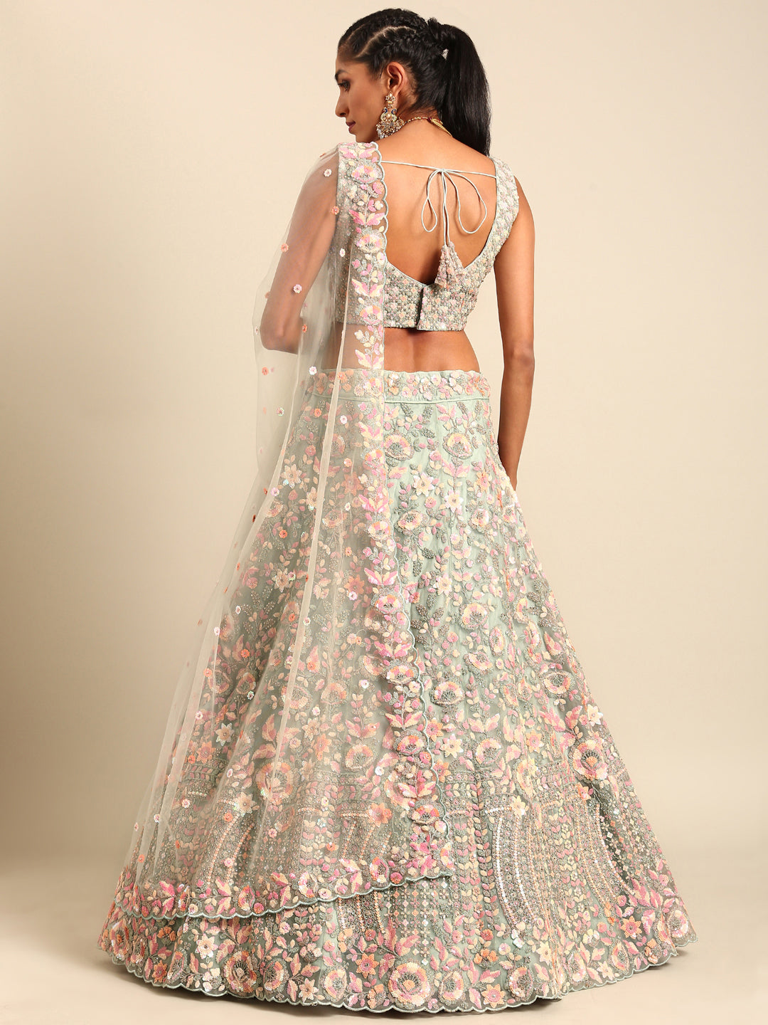 Sea green Net Multi Sequins with heavy Zarkan embroidery Semi-Stitched Lehenga choli & Dupatta