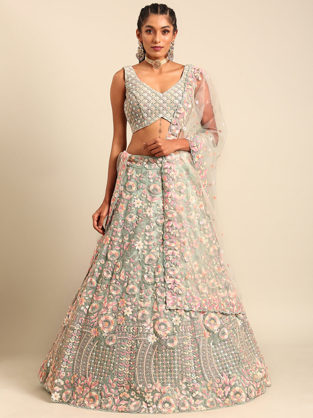 Sea green Net Multi Sequins with heavy Zarkan embroidery Semi-Stitched Lehenga choli & Dupatta