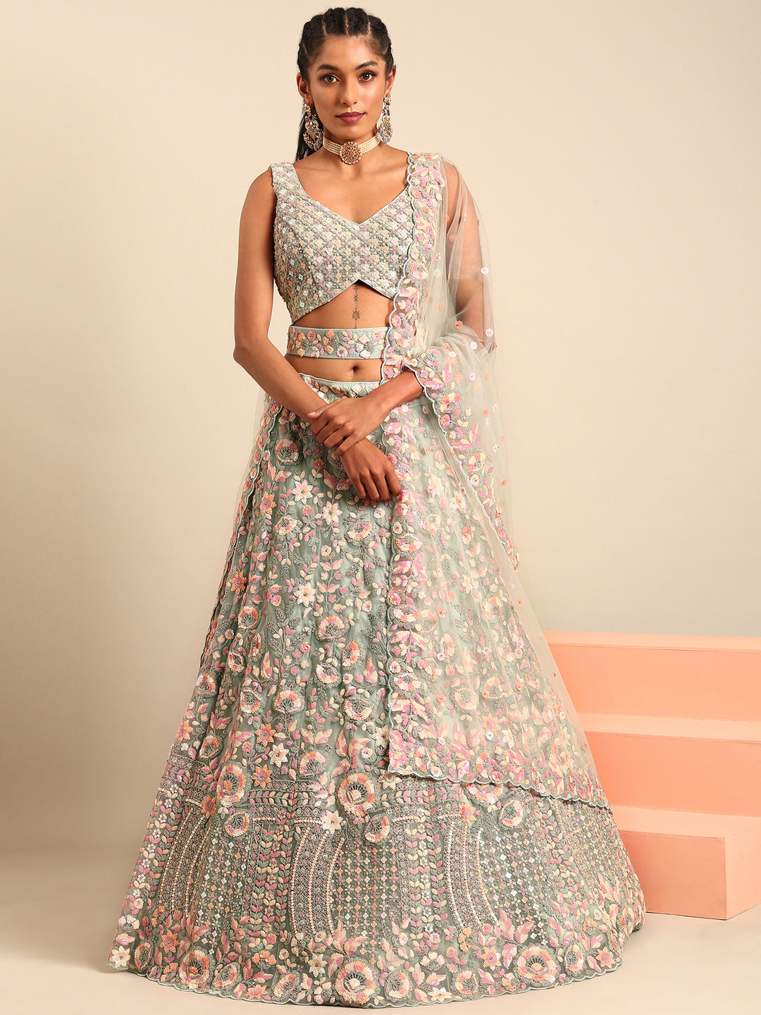 Sea green Net Multi Sequins with heavy Zarkan embroidery Semi-Stitched Lehenga choli & Dupatta