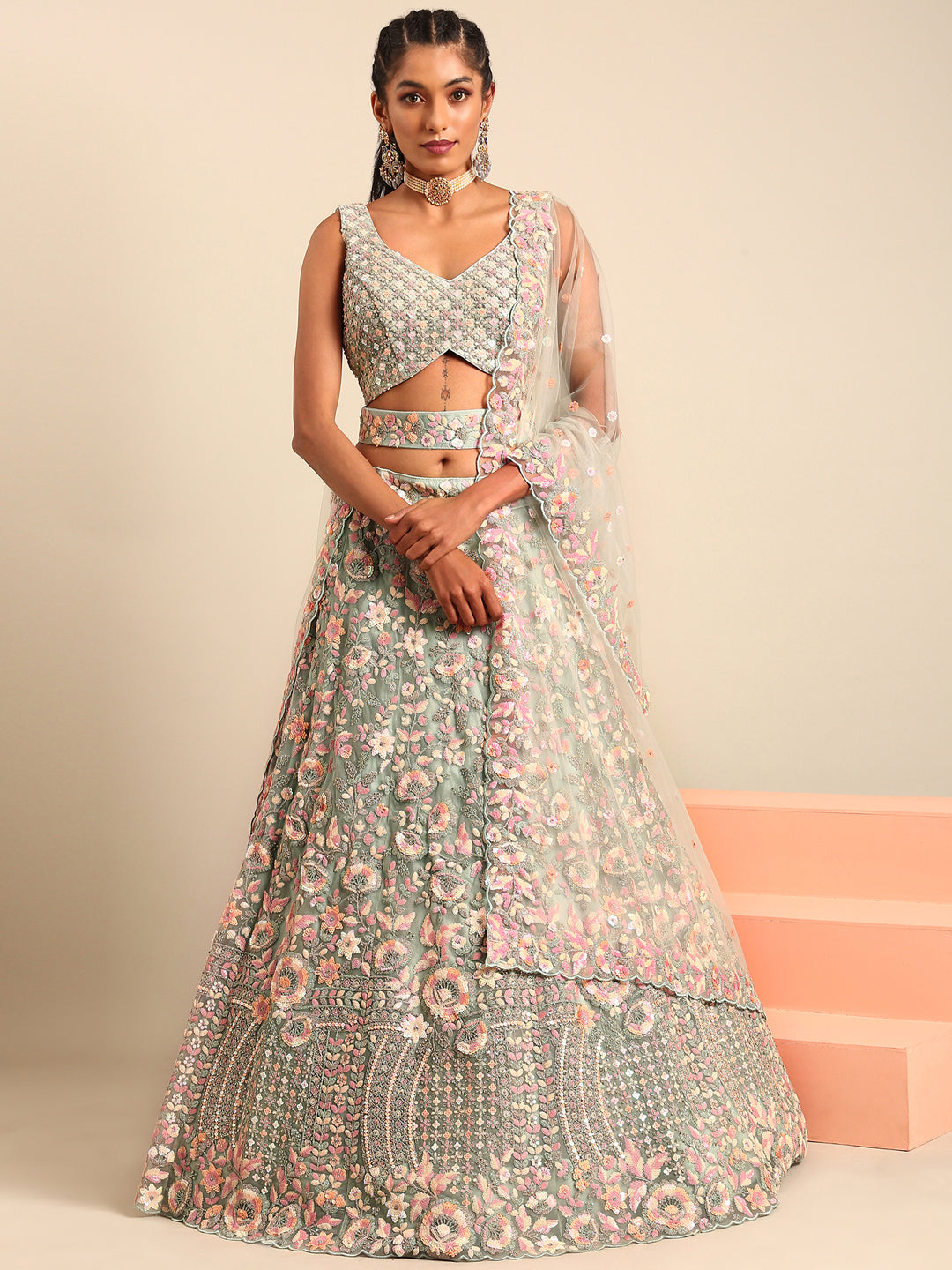 Sea Green Net Multi Sequins with heavy Zarkan embroidery Semi-Stitched Lehenga choli & Dupatta