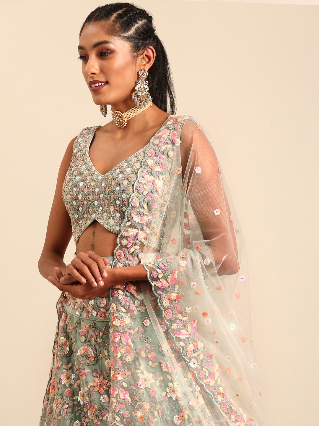 Sea green Net Multi Sequins with heavy Zarkan embroidery Semi-Stitched Lehenga choli & Dupatta