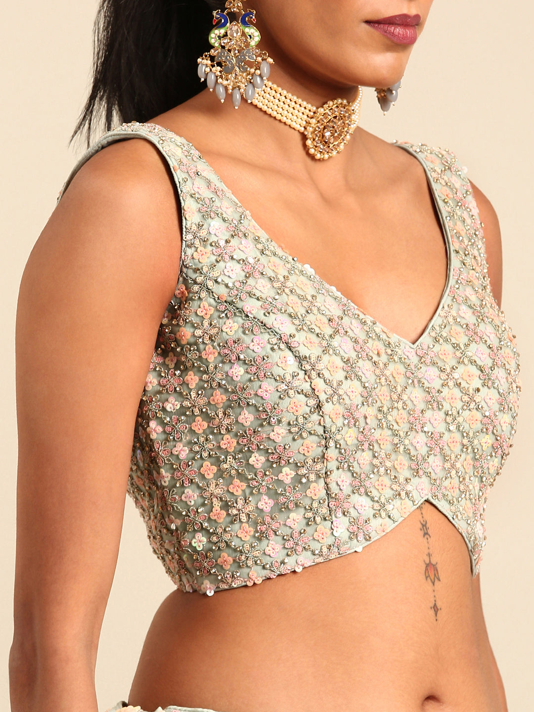 Sea green Net Multi Sequins with heavy Zarkan embroidery Semi-Stitched Lehenga choli & Dupatta