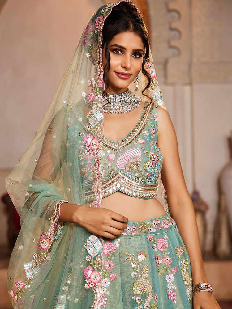 Sea Green Net Sequinse embroidery Semi-Stitched Lehenga choli & Dupatta