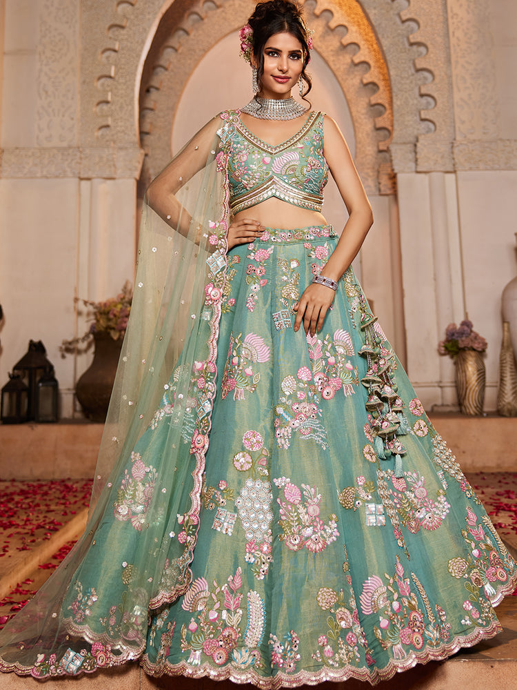 Sea Green Net Sequinse embroidery Semi-Stitched Lehenga choli & Dupatta