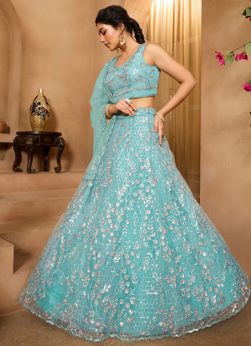 Sea green net lehenga choli for day weddings mehndi destination events