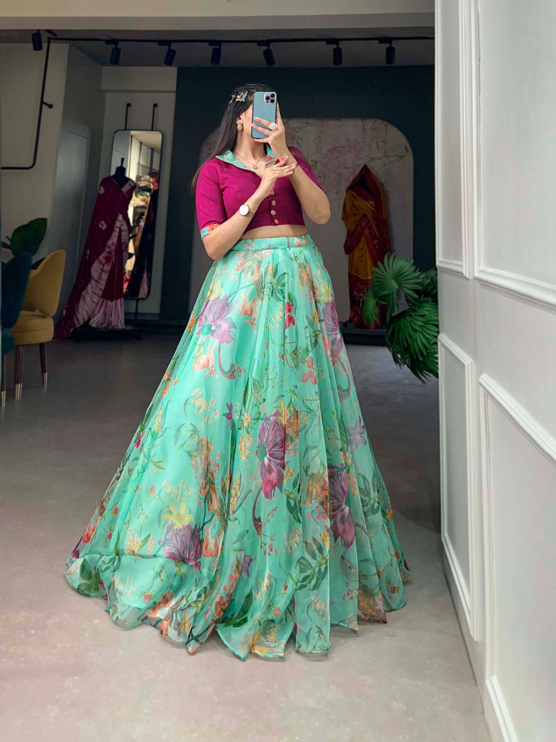 Sea Green Organza Lehenga Co-ord Set for Effortless Elegance