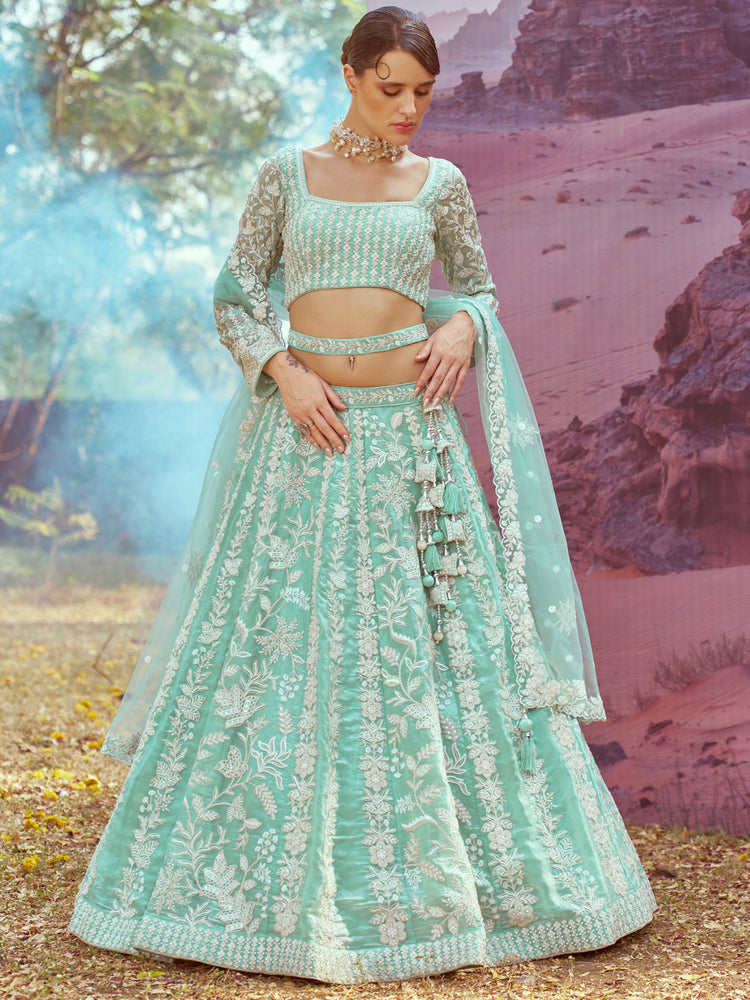 Sea Green Organza Sequins embroidery Semi-Stitched Lehenga choli & Dupatta