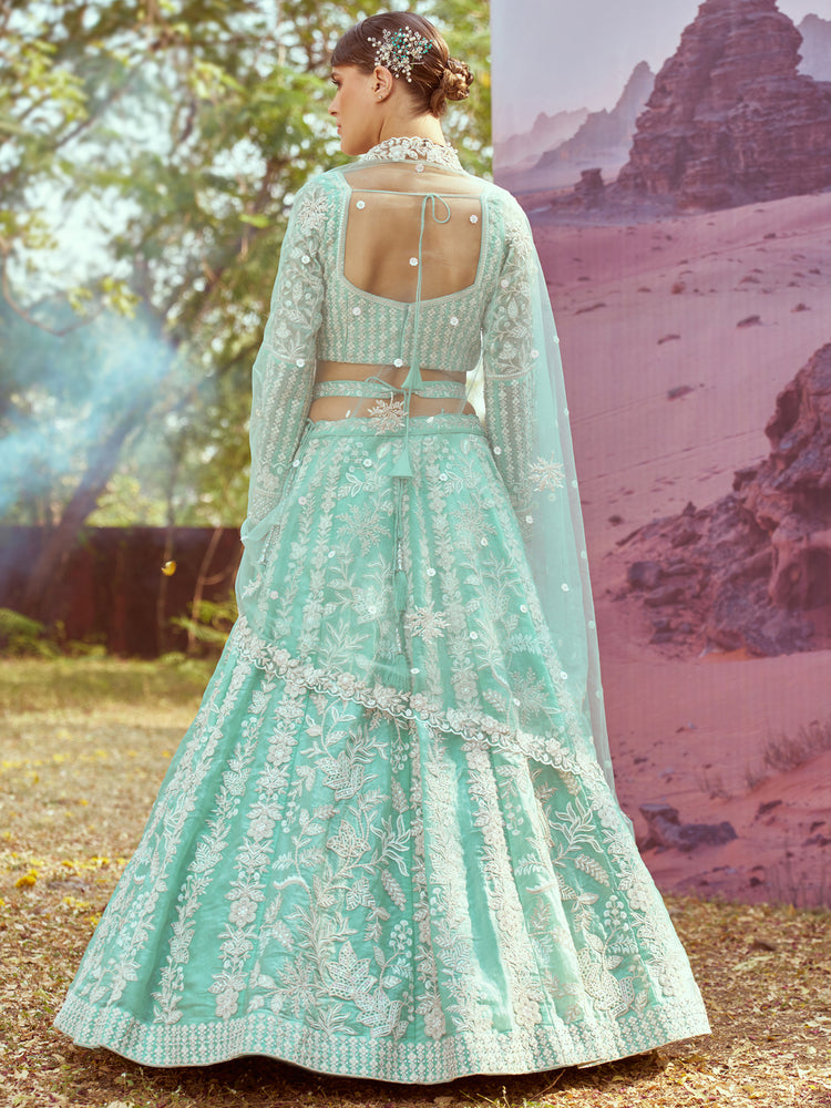 Sea Green Organza Sequins embroidery Semi-Stitched Lehenga choli & Dupatta