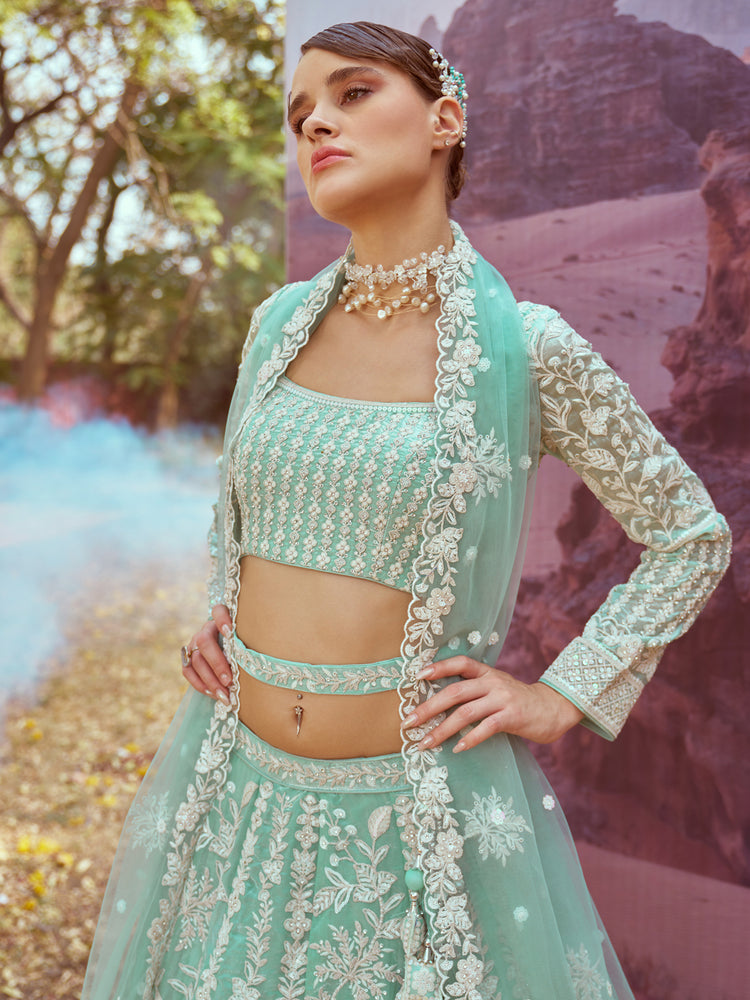 Sea Green Organza Sequins embroidery Semi-Stitched Lehenga choli & Dupatta