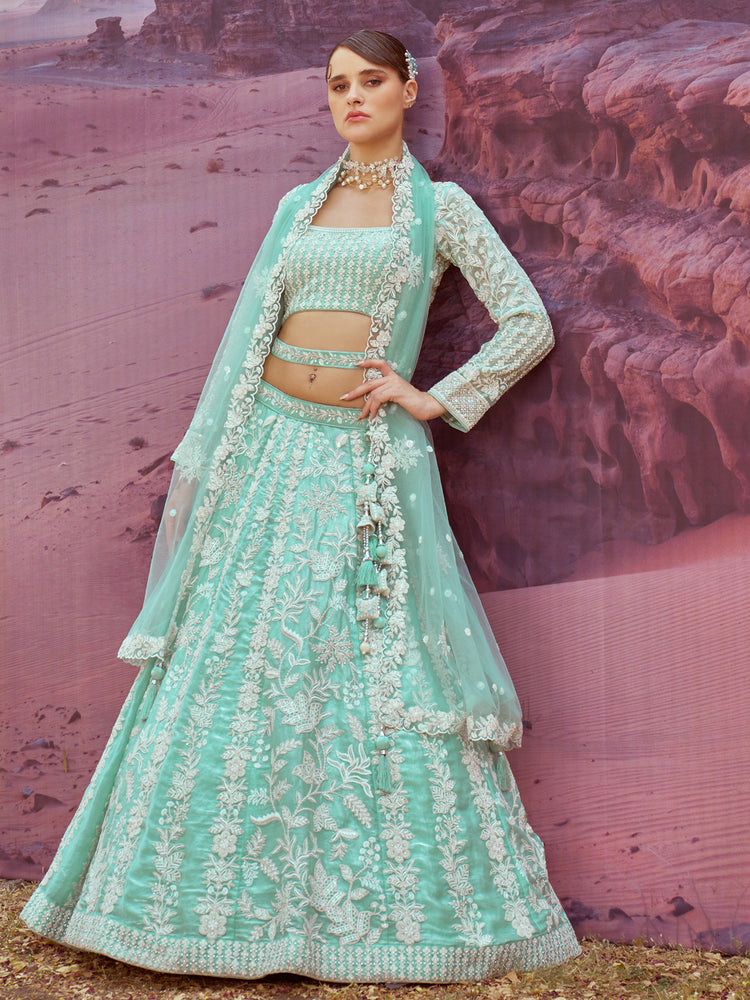 Sea Green Organza Sequins embroidery Semi-Stitched Lehenga choli & Dupatta