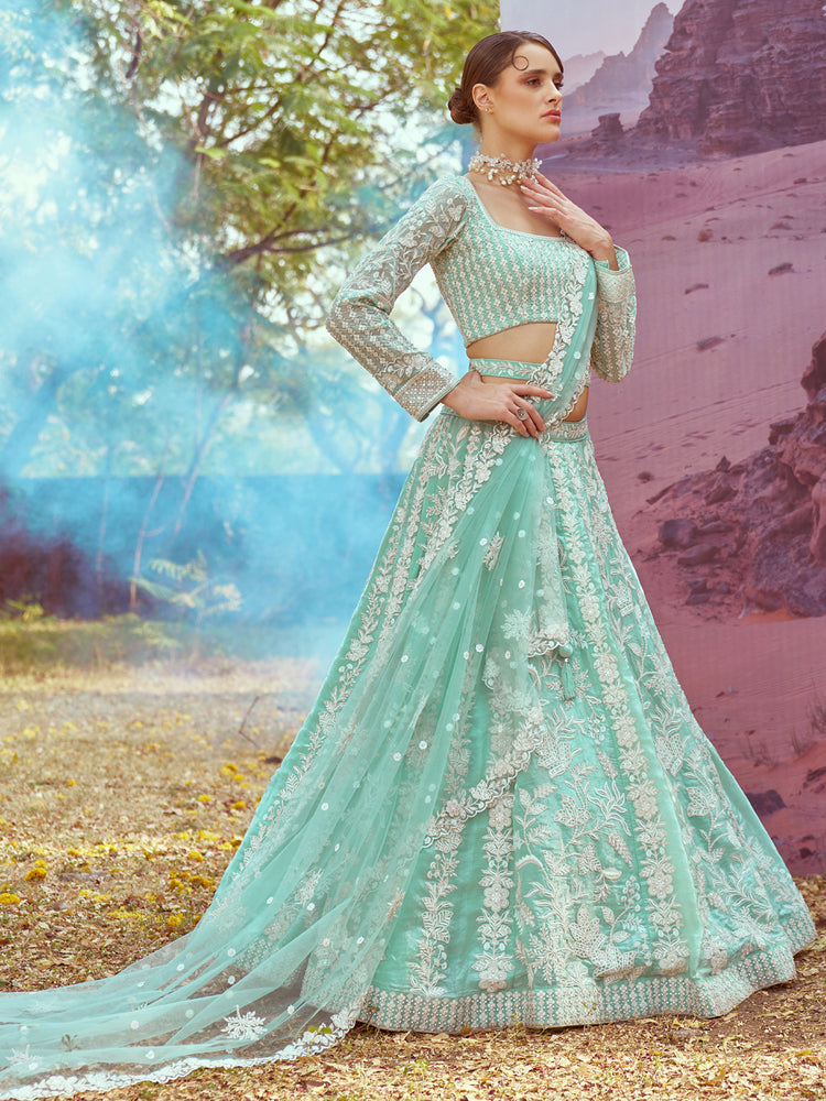 Sea Green Organza Sequins embroidery Semi-Stitched Lehenga choli & Dupatta