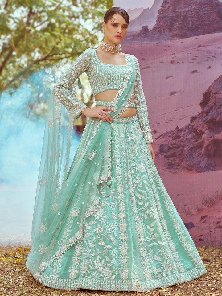 Sea Green Organza Sequins embroidery Semi-Stitched Lehenga choli & Dupatta