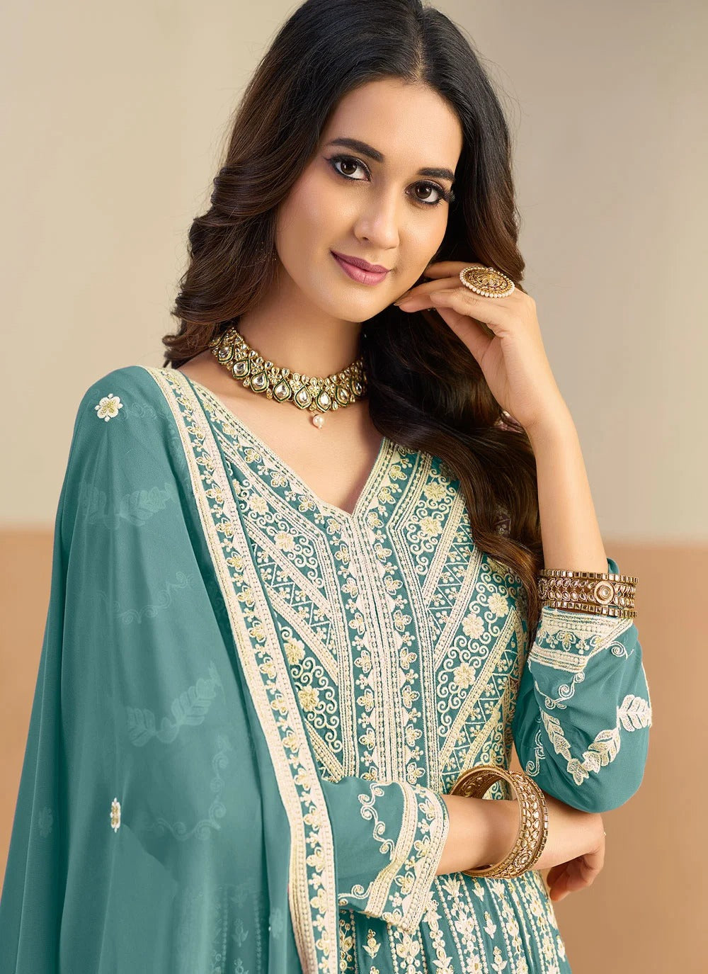 Sea green embroidered anarkali suit in faux georgette for mehndi wear