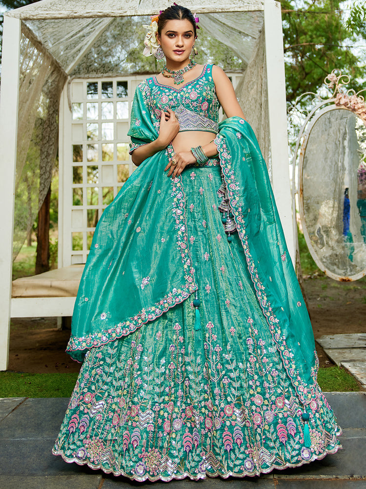 Sea Green Premium Tissue Fabric Semi-Stitched Lehenga Set with Sequins, Coding & Thread Embroidery Work