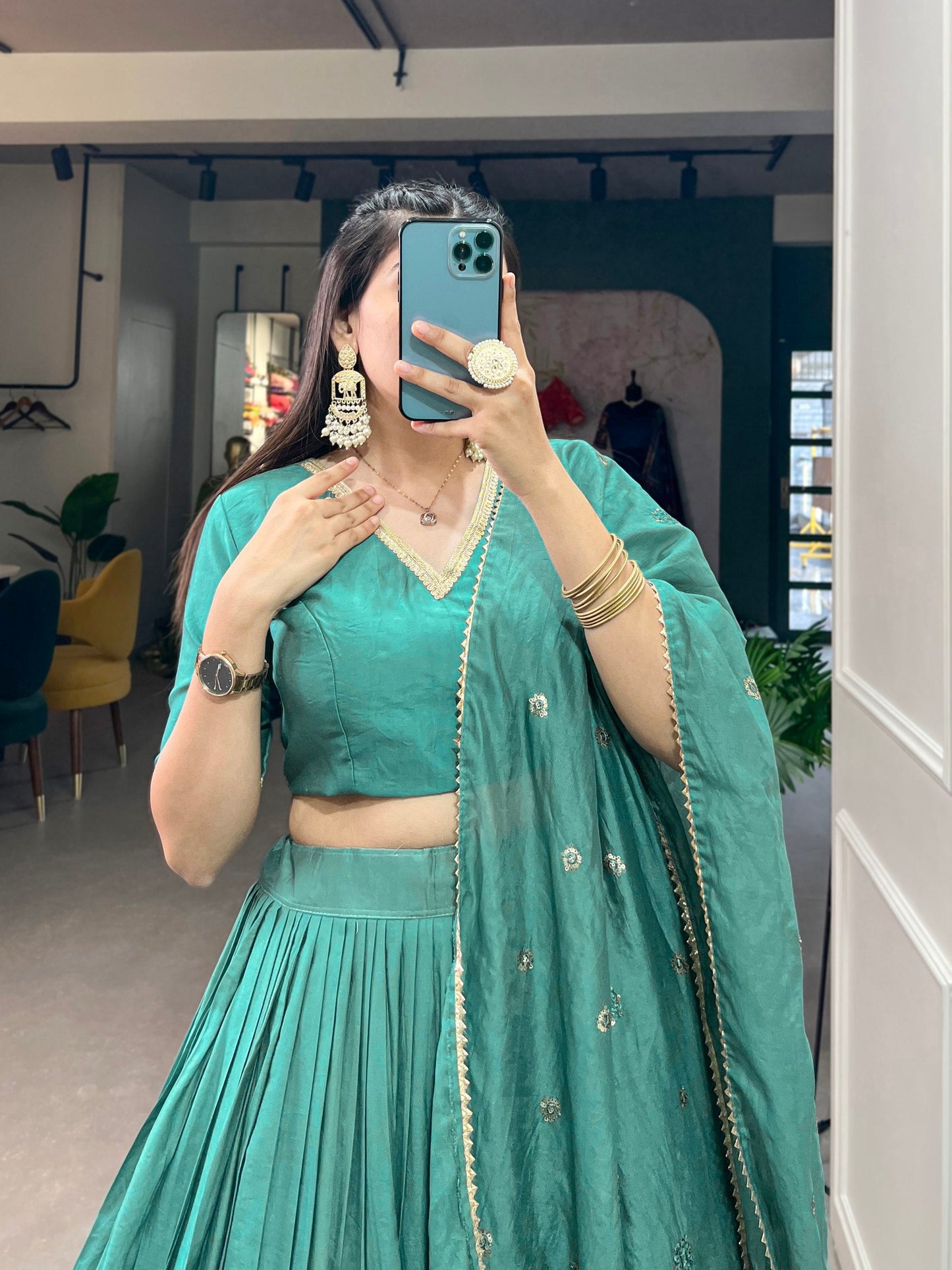 Sea Green Pure Chanderi Lehenga Choli Set with Zari Border & Sequin Dupatta