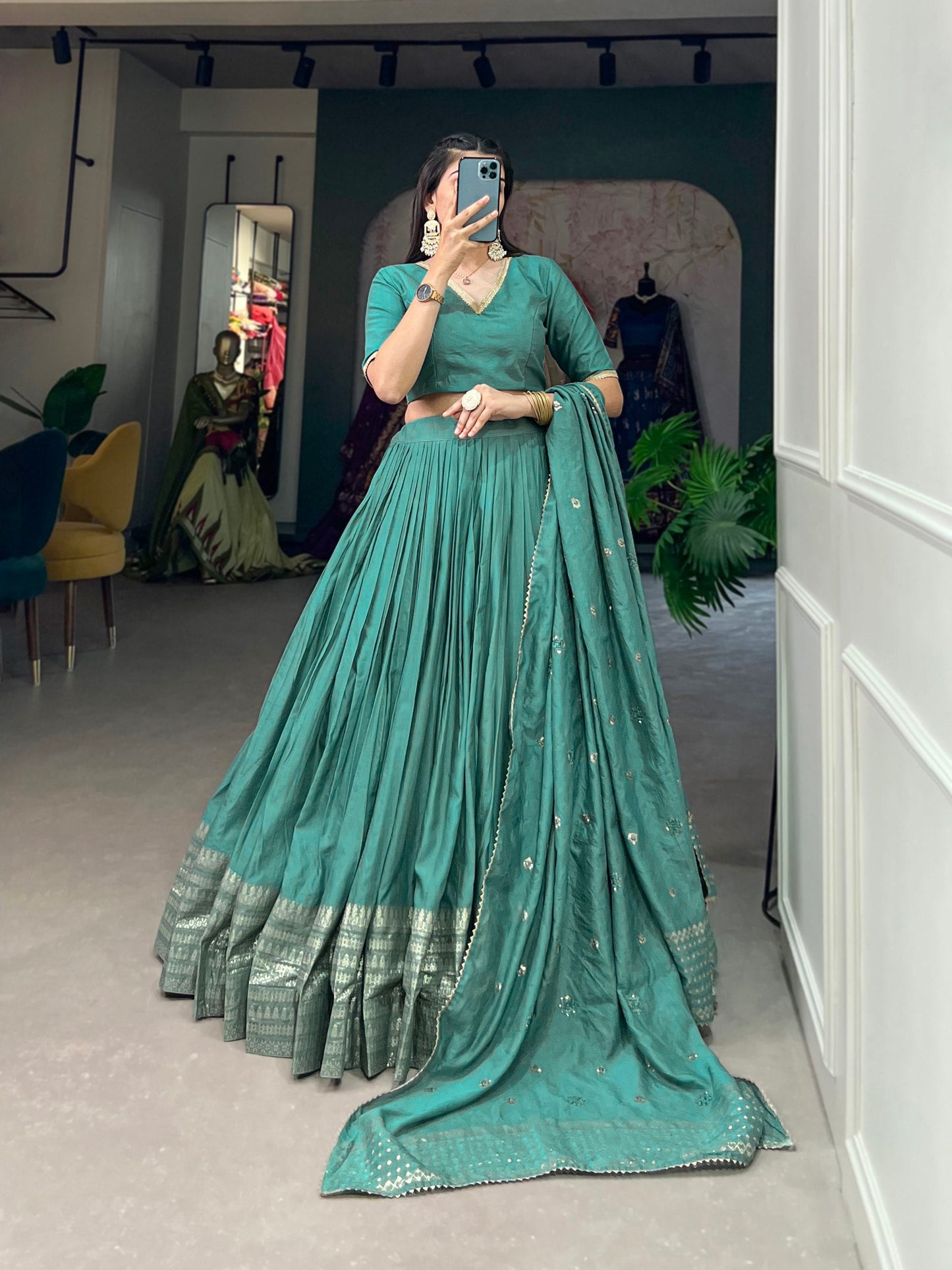 Sea Green Pure Chanderi Lehenga Choli Set with Zari Border & Sequin Dupatta