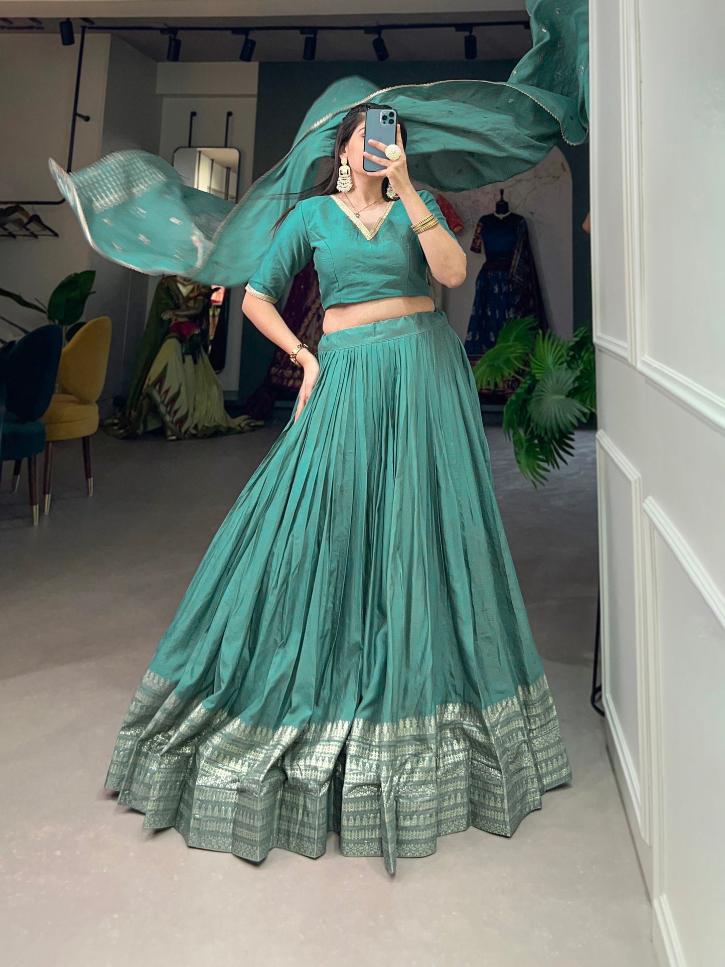 Sea Green Pure Chanderi Lehenga Choli Set with Zari Border & Sequin Dupatta