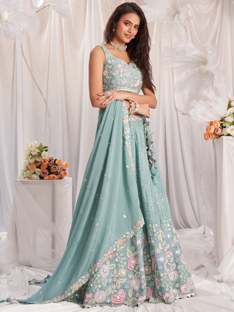 Sea Green Pure Chiffon Sequins and thread embroidery Semi-Stitched Lehenga choli & Dupatta