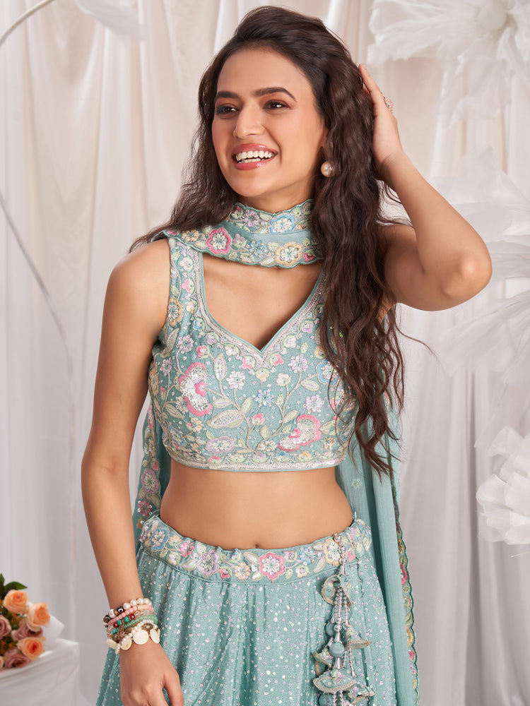 Sea Green Pure Chiffon Sequins and thread embroidery Semi-Stitched Lehenga choli & Dupatta