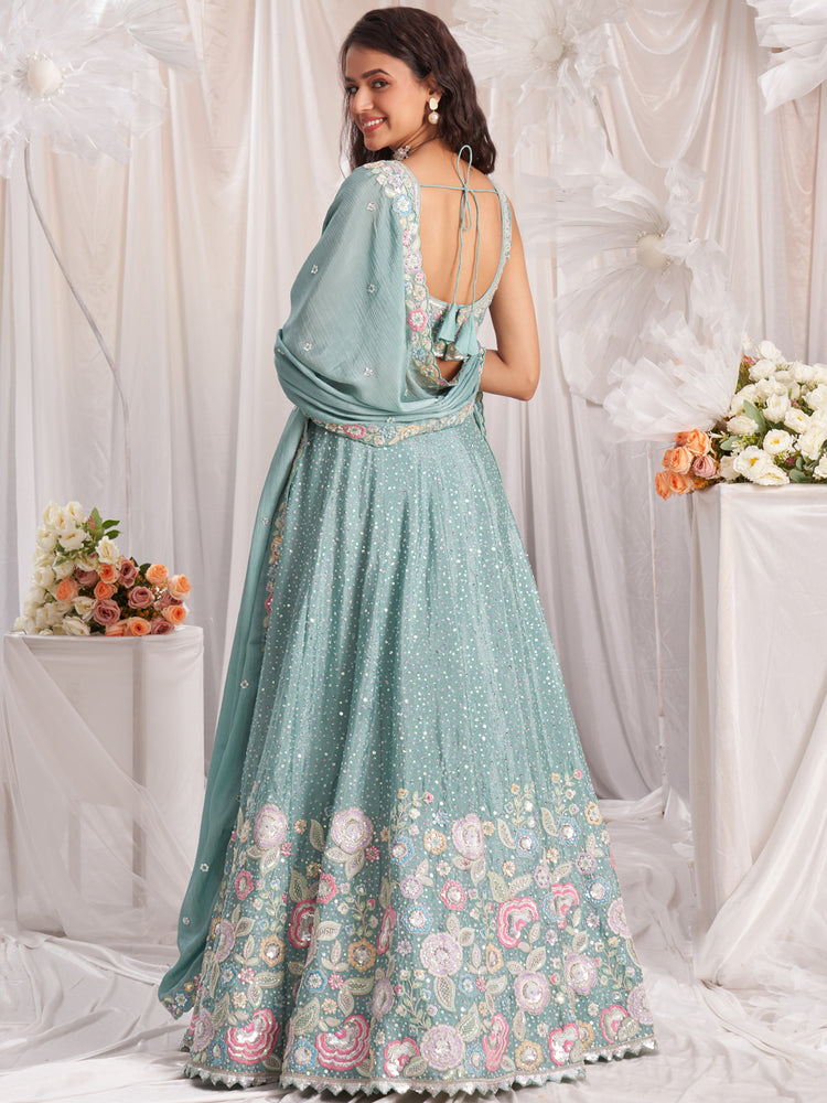 Sea Green Pure Chiffon Sequins and thread embroidery Semi-Stitched Lehenga choli & Dupatta