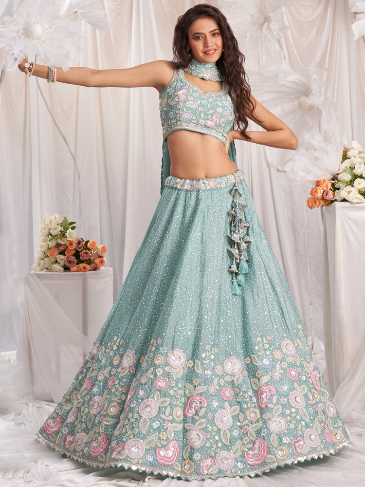 Sea Green Pure Chiffon Sequins and thread embroidery Semi-Stitched Lehenga choli & Dupatta
