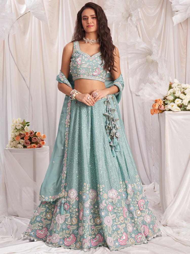 Sea Green Pure Chiffon Sequins and thread embroidery Semi-Stitched Lehenga choli & Dupatta