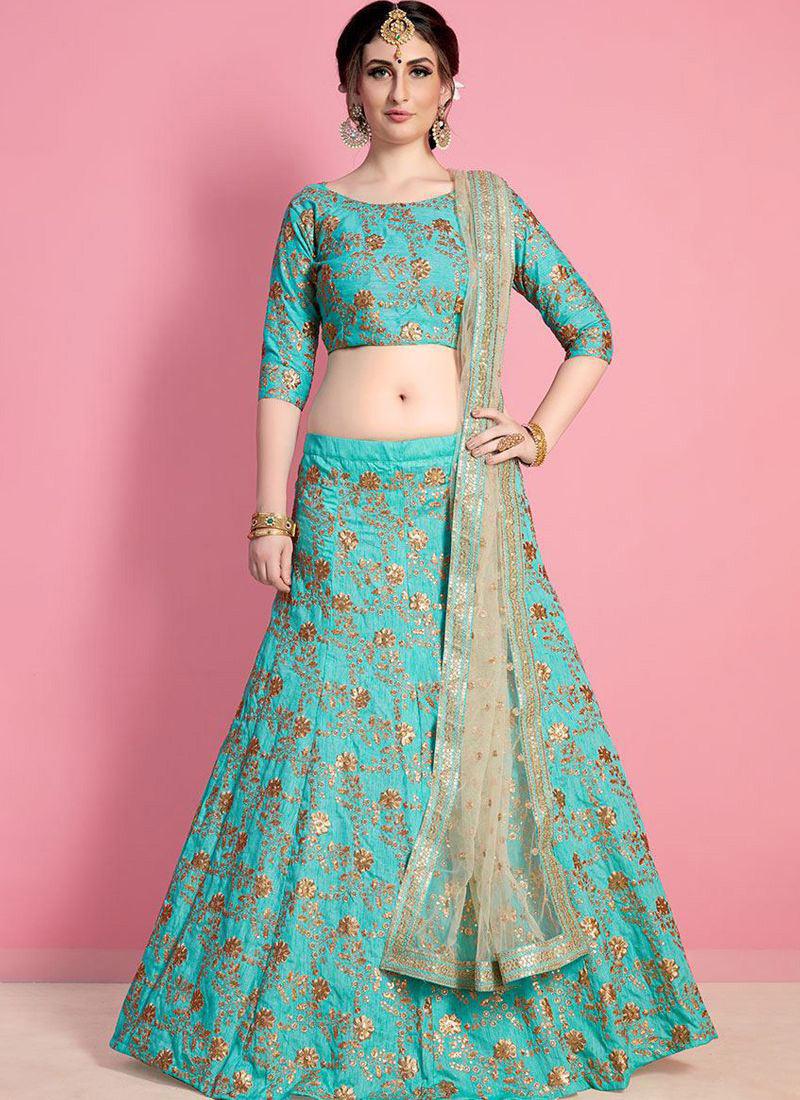 Sea Green Sequins Embellished Raw Silk Lehenga Choli