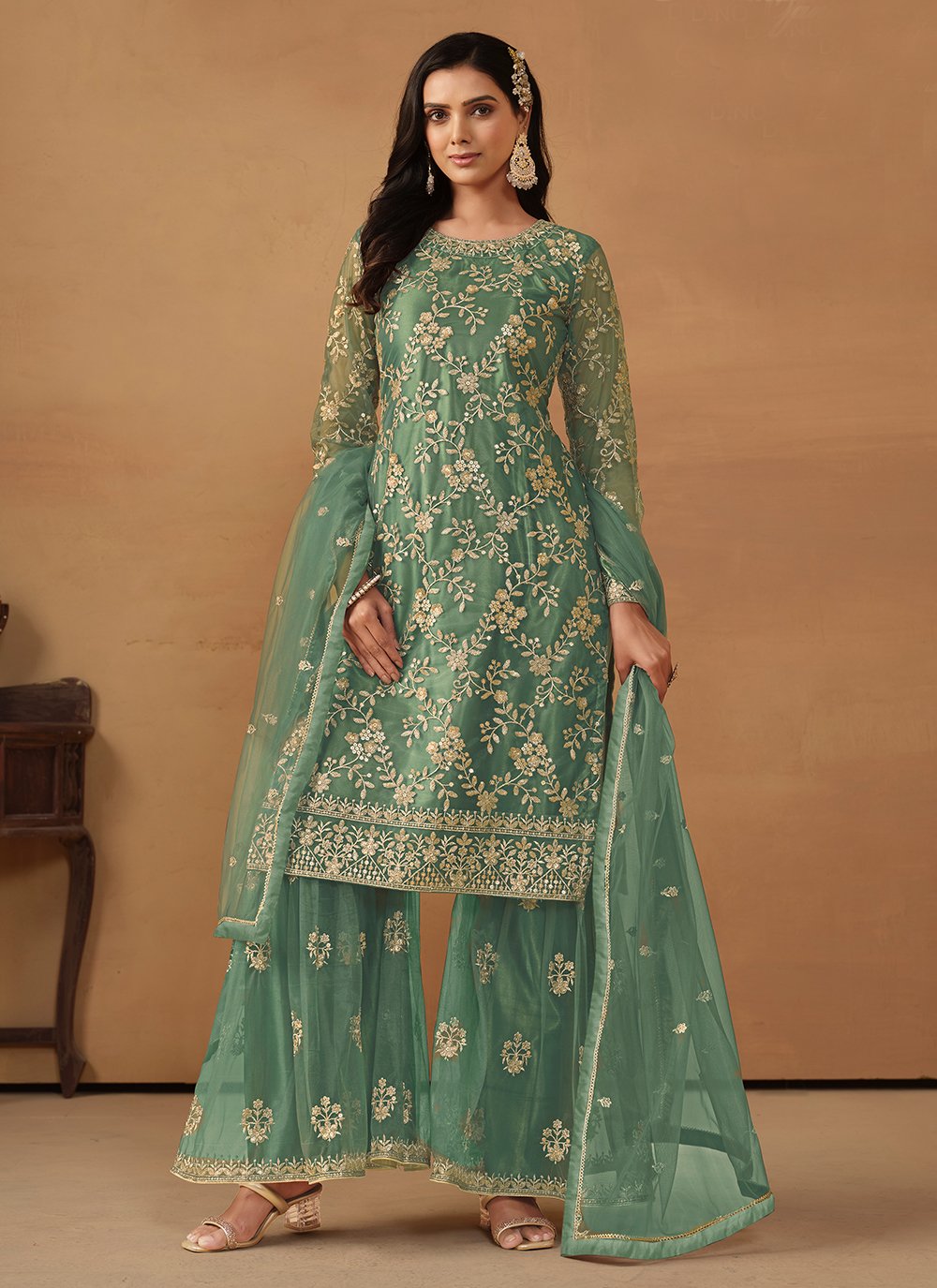 Sea green sequins embroidered palazzo suits for women