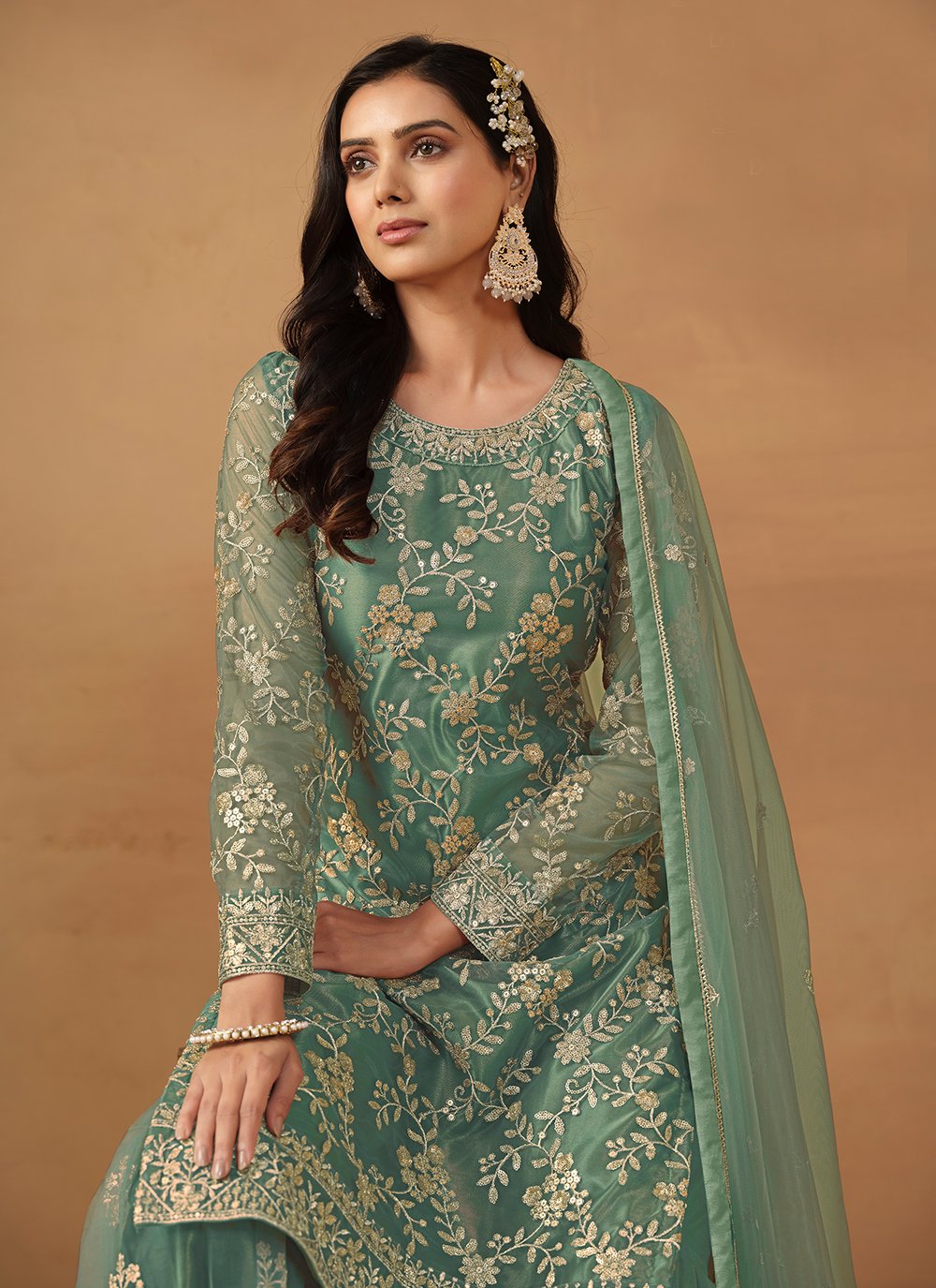 Sea green sequins embroidered palazzo suits for women