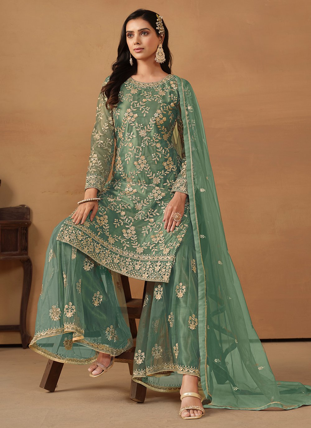 Sea green sequins embroidered palazzo suits for women