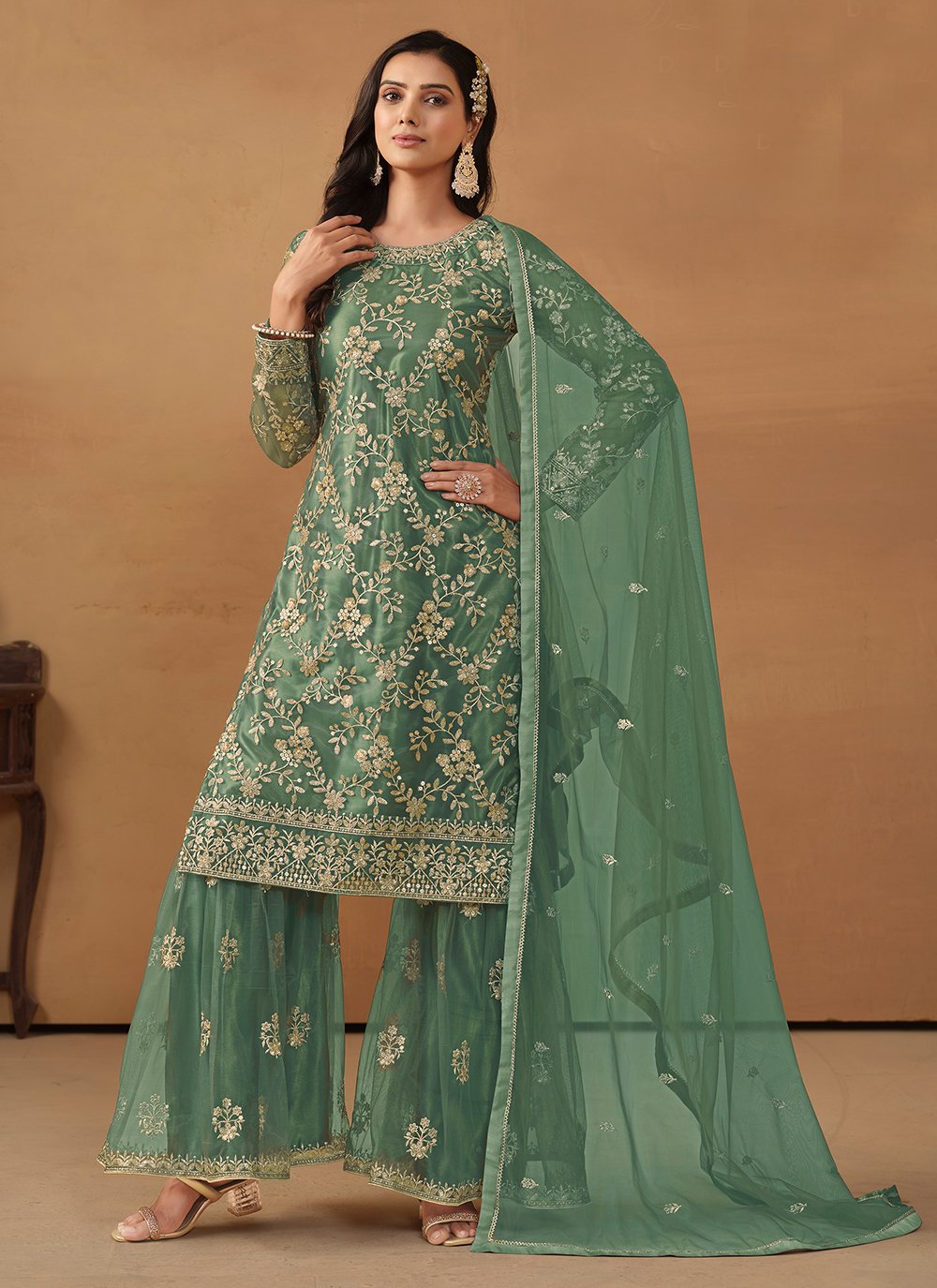 Sea green sequins embroidered palazzo suits for women