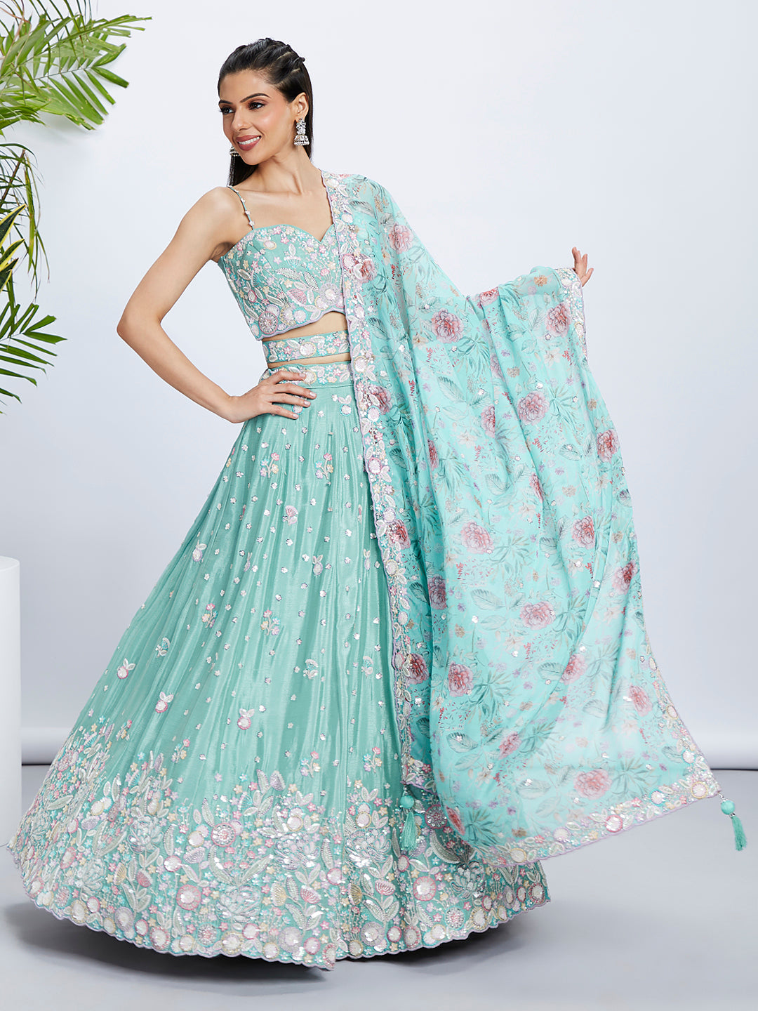 Sea Green Shimmer Sequined & Embroidered Semi-Stitched Lehenga Choli Set