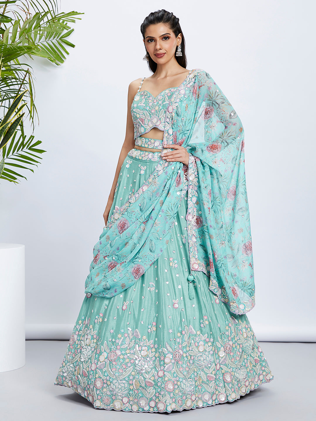 Sea Green Shimmer Sequined & Embroidered Semi-Stitched Lehenga Choli Set