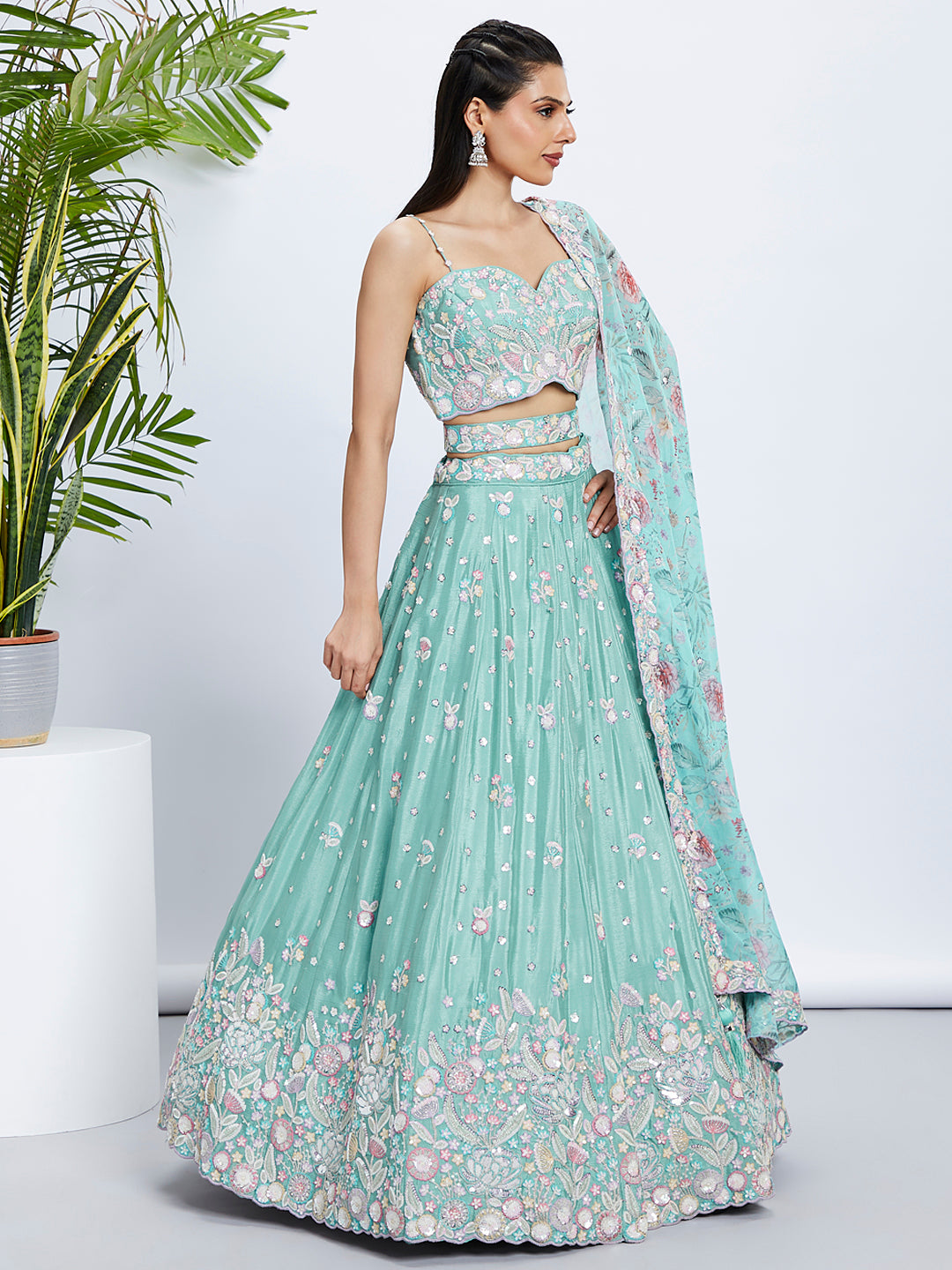 Sea Green Shimmer Sequined & Embroidered Semi-Stitched Lehenga Choli Set