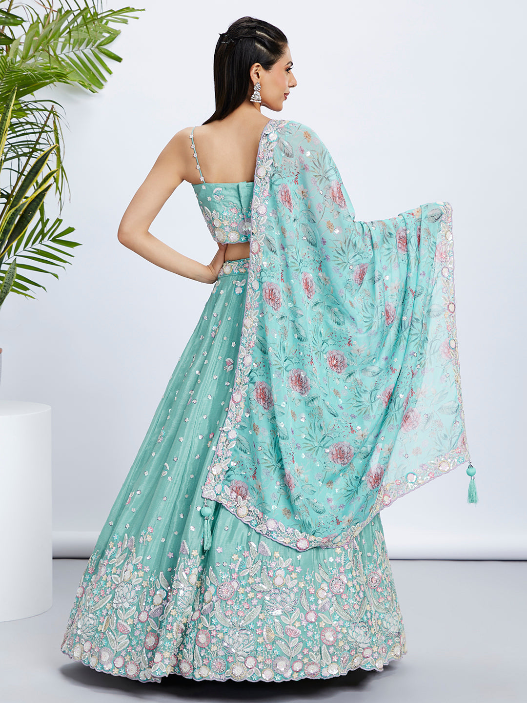 Sea Green Shimmer Sequined & Embroidered Semi-Stitched Lehenga Choli Set