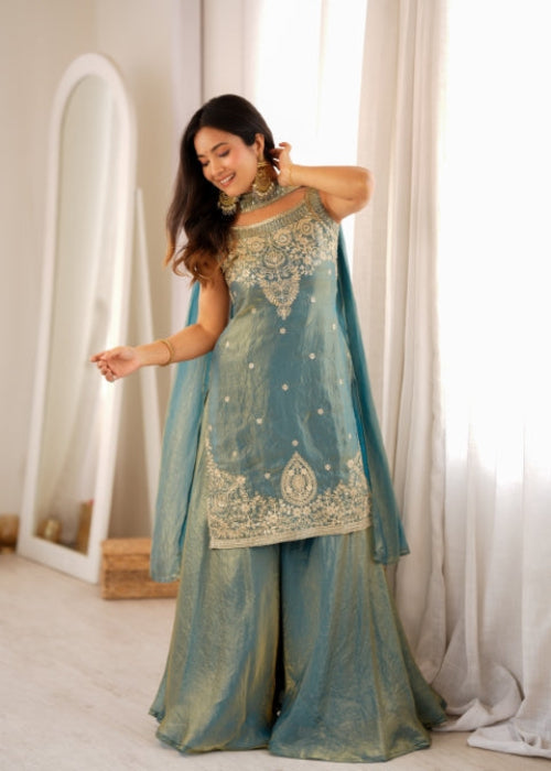 Sea Green Silk Embroidered Sharara Set