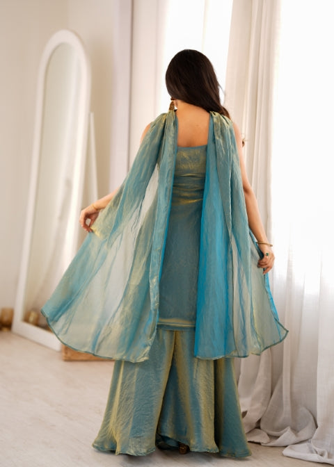 Sea Green Silk Embroidered Sharara Set