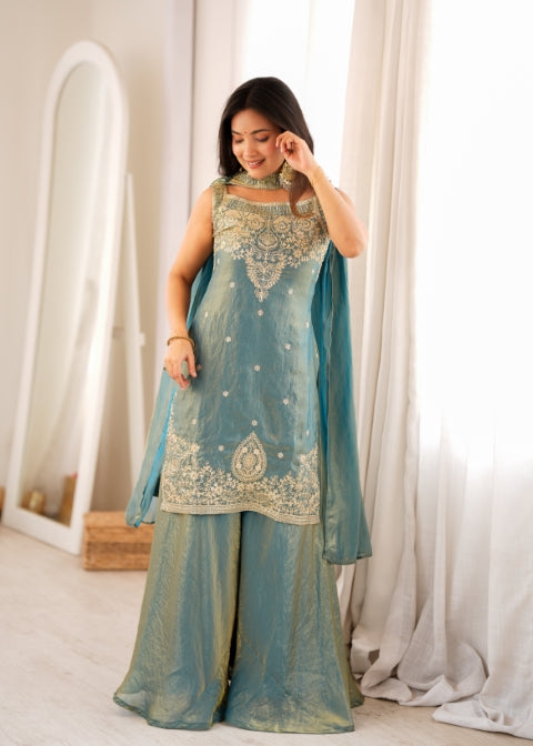 Sea Green Silk Embroidered Sharara Set