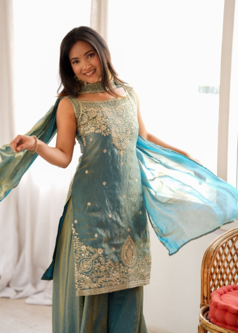Sea Green Silk Embroidered Sharara Set