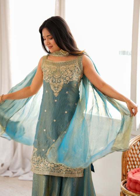 Sea Green Silk Embroidered Sharara Set