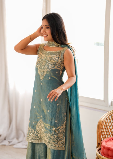 Sea Green Silk Embroidered Sharara Set