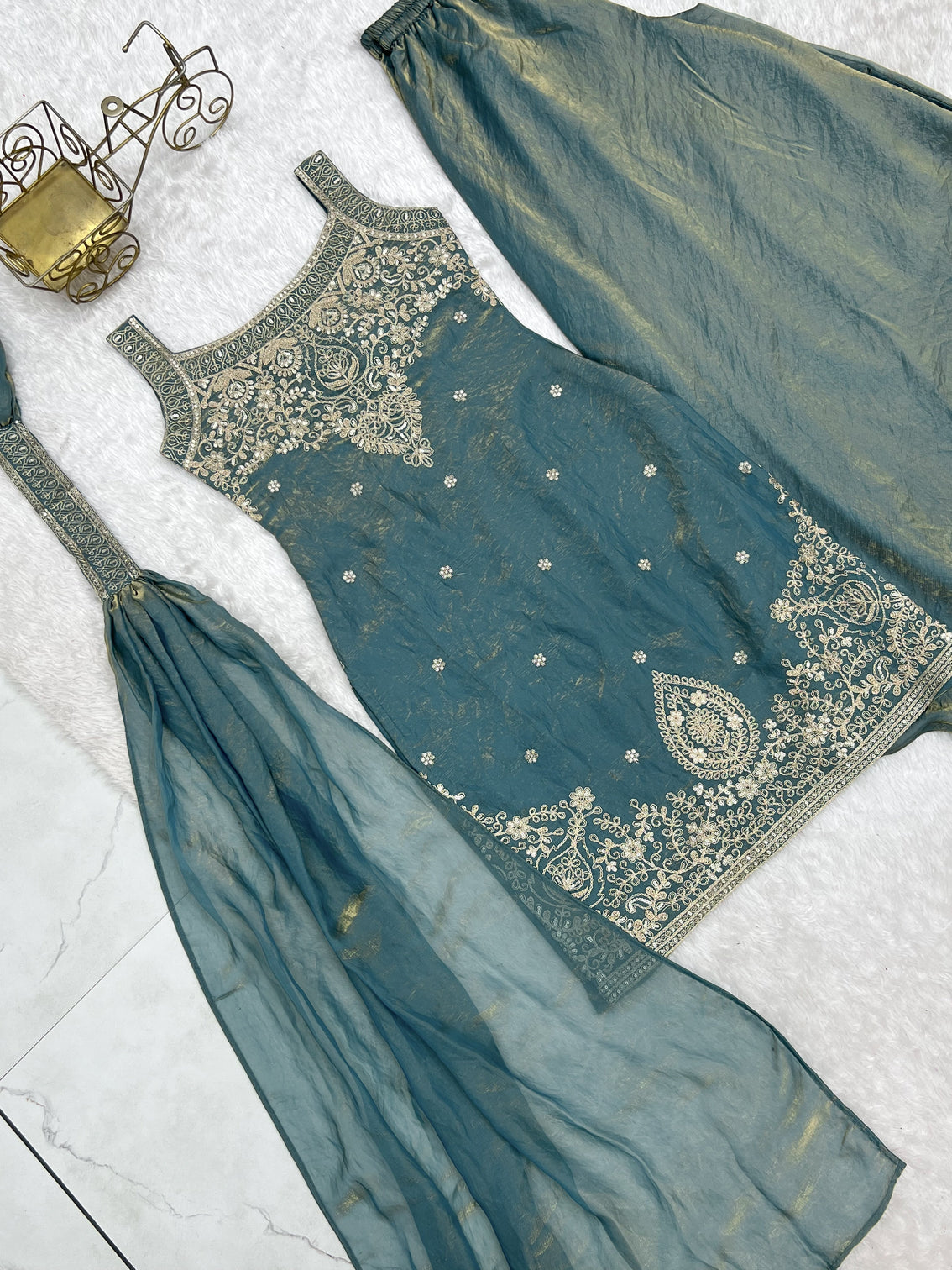 Sea Green Silk Embroidered Sharara Set