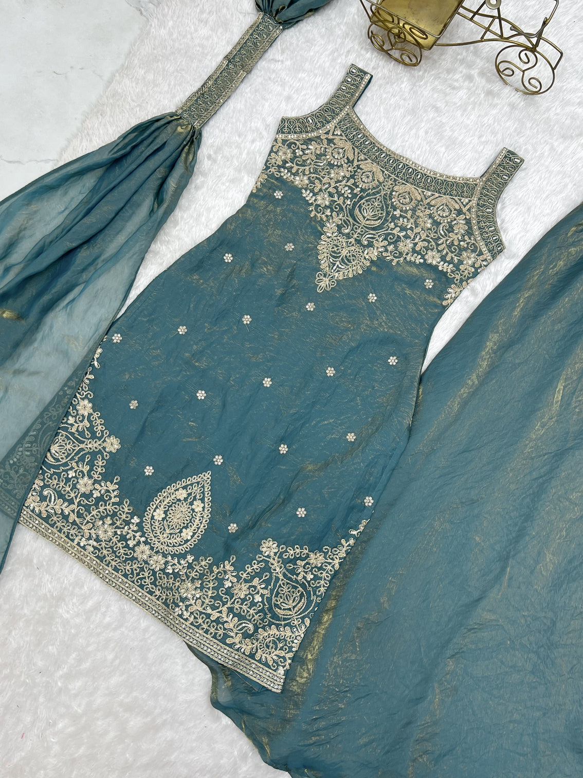Sea Green Silk Embroidered Sharara Set